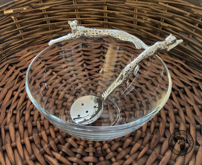Dish 170mm Lying Cheetah & Olive Spoon Set - Cheetah Africa Collection - Diana Carmichael