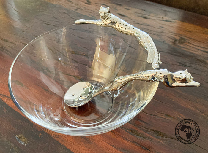 Dish 170mm Lying Cheetah & Olive Spoon Set - Cheetah Africa Collection - Diana Carmichael
