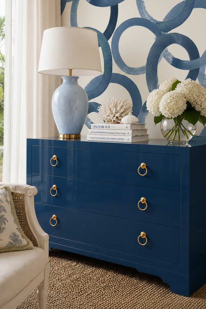 Lacquered Dresser in Coastal Calm LuxeLacquer by Amy Howard Home and the Loop Wallpaper in Indigo.