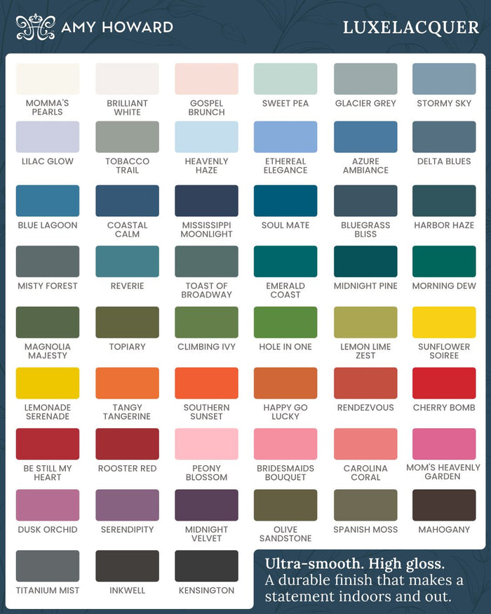 Amy Howard LuxeLacquer paint color chart showing all available high gloss paint colors with names