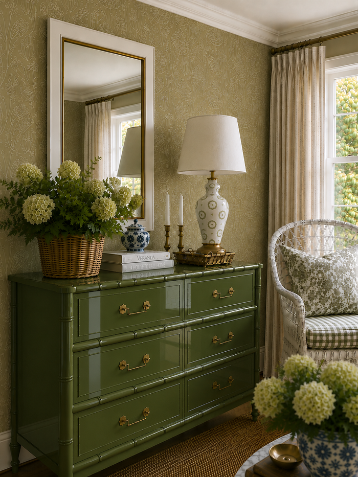 A bamboo-style dresser painted in Amy Howard Home LuxeLacquer in color Topiary in a styled room setting, decorated with a large mirror, a white patterned ceramic table lamp, books, and a wicker basket of white flowers. A white wicker armchair with a green and white checkered cushion is visible next to a window with beige curtains.