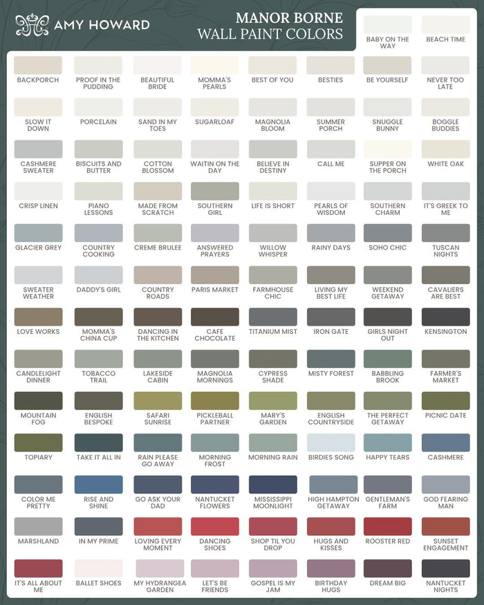 Manor Borne Wall Paint color chart by Amy Howard At Home showing swatches for over 90 shades including Backporch, Southern Girl, Rainy Days, Titanium Mist, Nantucket Moonlight, and Rooster Red