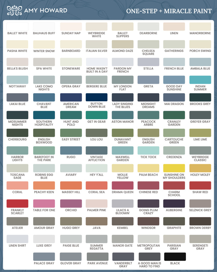 Amy Howard One Step Paint and Miracle Paint color chart showing all available paint colors with names