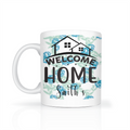 Personalized WELCOME HOME FAMILY, Set of 4 Mugs with Blue Floral Background, Shipping Included