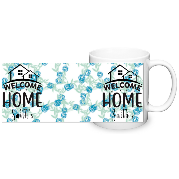 Personalized WELCOME HOME FAMILY, Set of 4 Mugs with Blue Floral Background, Shipping Included