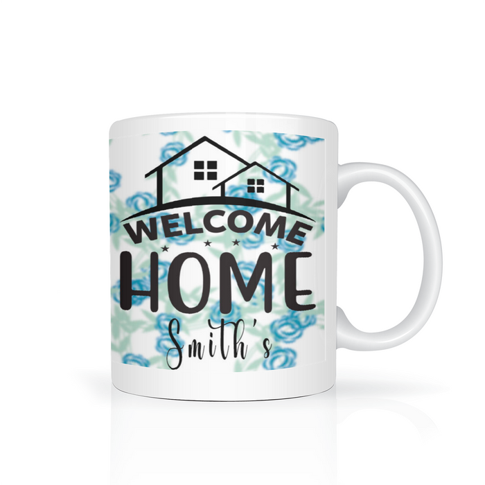 Personalized WELCOME HOME FAMILY, Set of 4 Mugs with Blue Floral Background, Shipping Included
